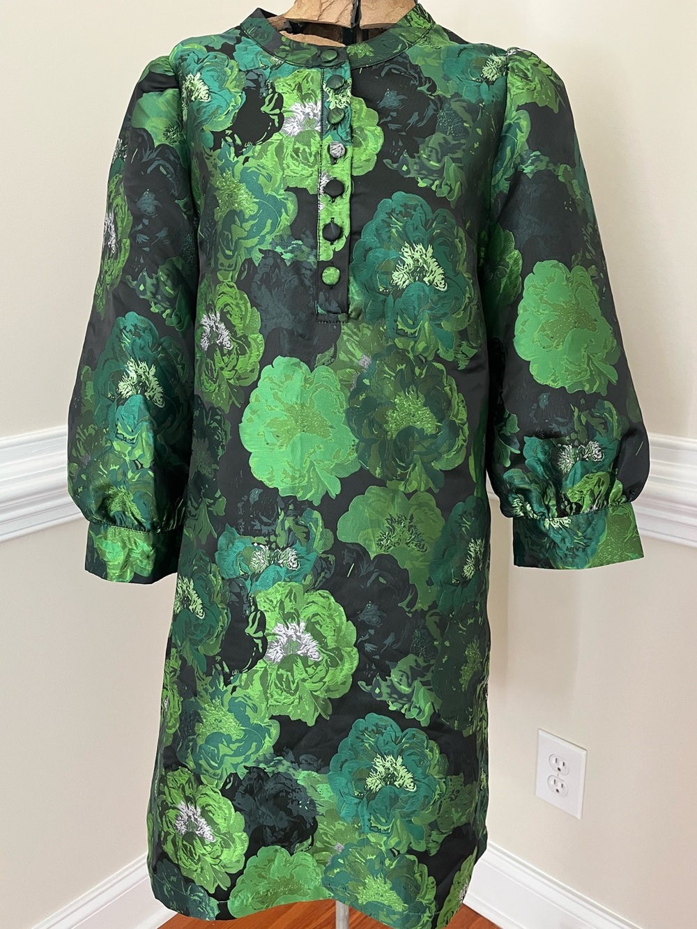 Jacquard Green Floral Dress - Elegant Holiday Style